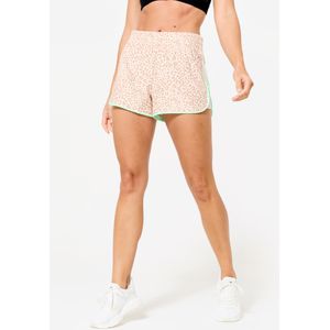 Lichte en korte fitness short beige luipaardprint en groen biesje