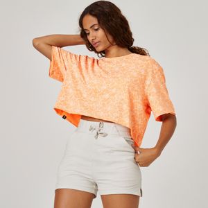 Cropped t-shirt voor fitness dames 520 oranje met print