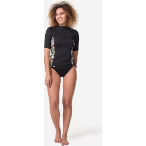 Uv-werende rashguard met korte mouwen dames 500 parrot zwart en bloemen