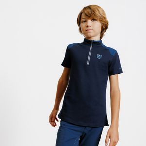 Poloshirt met rits voor paardrijden kinderen 500 korte mouwen marineblauw