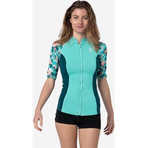 Uv-werend zwemshirt met korte mouwen voor dames neopreen 1,5 mm turquoise bloemen
