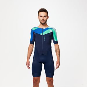 Trisuit voor triatlon heren lange afstand marineblauw met kleurverloop