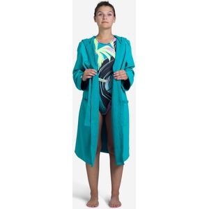 Badjas voor dames groen/blauw met capuchon en zakken microvezel katoen