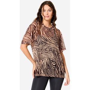 Fitness t-shirt rasterstof voor dames beige zwart dessin