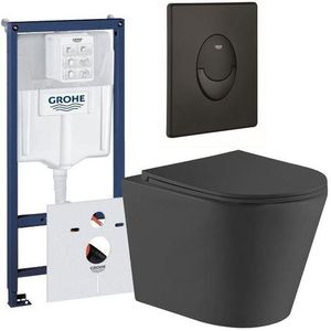 QeramiQ Dely Toiletset - Grohe inbouwreservoir - mat zwarte bedieningsplaat - ovaal toilet - zitting - mat zwart 0729205/sw543433/sw656735/