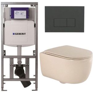 QeramiQ Dely Swirl Toiletset - 36.3x51.7cm - Geberit UP320 Burda inbouwreservoir - slimzitting - bedieningsplaat antraciet mat - rechthoekige knoppen - beige 0701131/SW1102377/SW1000770/SW1026259