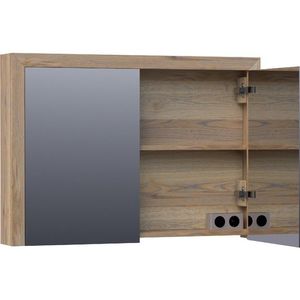 Saniclass Massief eiken Spiegelkast - 100x70x15cm - 2 links/rechtsdraaiende spiegeldeuren - Hout Vintage oak 70481VOG