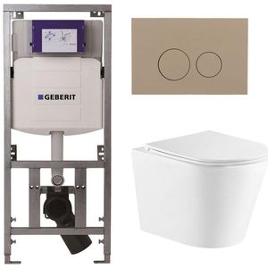 QeramiQ Dely Toiletset - 36.3x51.7cm - diepspoel - rimless - Geberit UP320 Burda inbouwreservoir - softclose toiletzitting - bedieningsplaat taupe - ronde knoppen - wit glans SW543431/0701131/SW1102378