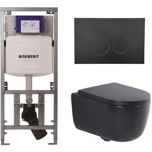 QeramiQ Dely Swirl Toiletset - 36.3x51.7cm - Geberit UP320 Burda inbouwreservoir - 35mm zitting - mat zwarte bedieningsplaat - ronde knoppen - mat zwart 0701131/SW706188/SW1000769/SW1026258