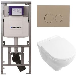 Villeroy & Boch O.novo toiletset met Geberit inbouwreservoir met diepspoel wandcloset wit soft close zitting en bedieningsplaat taupe met ronde knoppen wit 0701131/0124124/0124182/SW1102378/