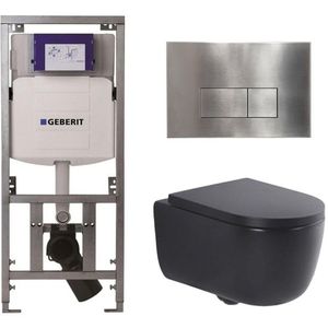 QeramiQ Dely Swirl Toiletset - 36.3x51.7cm - Geberit UP320 Burda inbouwreservoir - 35mm zitting - steel bedieningsplaat - rechthoekige knoppen - mat zwart 0701131/SW706195/SW1000769/SW1026258