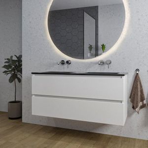 Adema Chaci Badkamermeubelset - 120x46x57cm - 2 keramische wasbakken zwart - zonder kraangaten - 2 lades - ronde spiegel met verlichting - mat wit SW718711/SW773933/SW161923