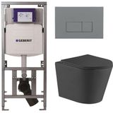 QeramiQ Dely Toiletset - 36.3x51.7cm - diepspoel - rimless - Geberit UP320 Burda inbouwreservoir - softclose toiletzitting - bedieningsplaat licht grijs - rechtehoekige knoppen - mat zwart SW1026253/0701131/SW1102375/SW1000769