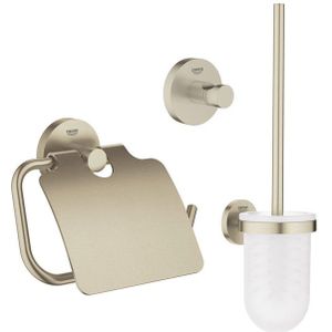 GROHE Essentials Toilet accessoireset 3-delig met toiletborstelhouder, handdoekhaak en toiletrolhouder met klep geborsteld Nikkel sw99007/sw99023/sw99047/