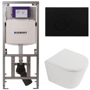 QeramiQ Dely Toiletset - 36.3x51.7cm - diepspoel - rimless - Geberit UP320 inbouwreservoir - softclose toilet zitting 35 mm - metaal mat zwarte bedieningsplaat - ronde knoppen - mat wit SW1026254/SW1000767/0701131/SW706192