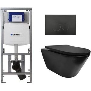 Wiesbaden Stereo toiletset rimless inclusief UP320 toiletreservoir met softclose zitting met bedieningsplaat mat zwart 0701131/SW706188/sw417829/