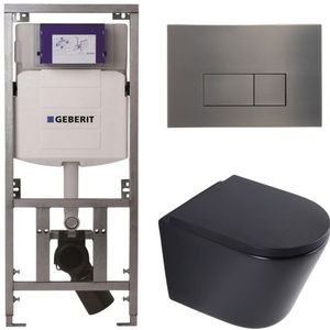 QeramiQ Dely Toiletset - 36.3x51.7cm - diepspoel - rimless - Geberit UP320 inbouwreservoir - softclose toilet zitting 35 mm - gunmetal bedieningsplaat - rechthoekige knoppen - mat zwart SW1026253/SW1000769/0701131/SW706199
