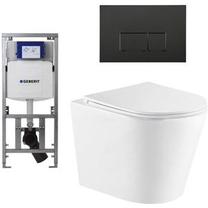 QeramiQ Dely Toiletset - 36.3x51.7cm - diepspoel - rimless - Geberit UP320 inbouwreservoir - softclose toiletzitting - mat zwarte bedieningsplaat - rechtehoekige knoppen - wit mat SW543432/0701131/SW706189