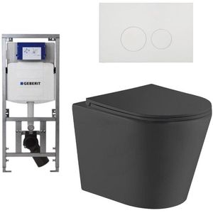 QeramiQ Dely Toiletset - 36.3x51.7cm - diepspoel - rimless - Geberit UP320 Burda inbouwreservoir - softclose toiletzitting - glans witte bedieningsplaat - ronde knoppen - zwart mat SW1026253/0701131/SW706186/SW1000769