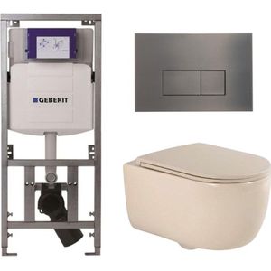 QeramiQ Dely Swirl Toiletset - 36.3x51.7cm - Geberit UP320 inbouwreservoir - slim zitting - gunmetal bedieningsplaat - rechthoekige knoppen - beige 0701131/SW706199/SW1000770/SW1026259