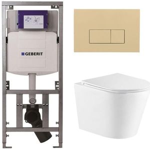 QeramiQ Dely Toiletset - 36.3x51.7cm - diepspoel - rimless - Geberit UP320 Burda inbouwreservoir - softclose toiletzitting - bedieningsplaat beige - rechthoekige knoppen - wit mat SW543432/0701131/SW1102366