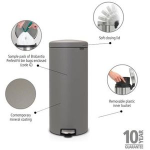 Brabantia NewIcon Pedaalemmer - 30 liter - kunststof binnenemmer - mineral concrete grey 119187