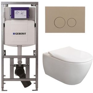 Villeroy & Boch Subway 2.0 DirectFlush CeramicPlus toiletset slimseat zitting met Geberit reservoir en bedieningsplaat taupe met ronde knoppen wit 0701131/SW1102378/ga26033/ga91964/