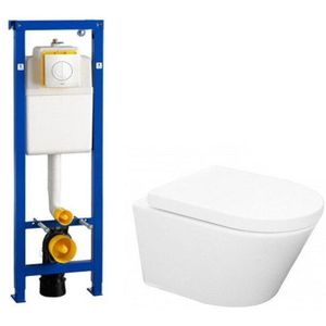 Wiesbaden Vesta toiletset spoelrandloos 52cm inclusief Wisa toiletreservoir en softclose toiletzitting met Argos bedieningsplaat wit 0704406/sw65812
