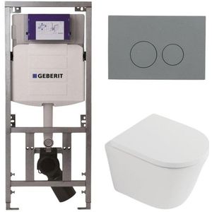 QeramiQ Dely Toiletset - 36.3x51.7cm - diepspoel - rimless - Geberit UP320 inbouwreservoir - softclose toilet zitting 35 mm - bedieningsplaat licht grijs - ronde knoppen - mat wit SW1026254/SW1000767/0701131/SW1102374