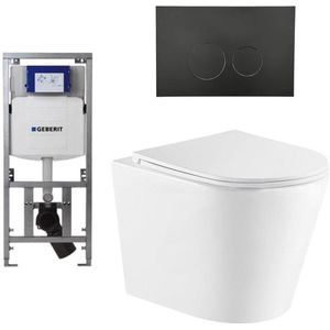 QeramiQ Dely Toiletset - 36.3x51.7cm - diepspoel - rimless - Geberit UP320 inbouwreservoir - softclose toiletzitting - mat zwarte bedieningsplaat - ronde knoppen - wit mat SW543432/0701131/SW706188