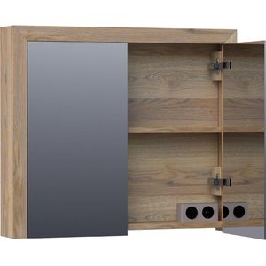 Saniclass Massief eiken Spiegelkast - 80x70x15cm - 2 links/rechtsdraaiende spiegeldeuren - Hout Vintage oak 70541VOG