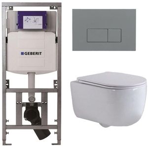 QeramiQ Dely Swirl Toiletset - 36.3x51.7cm - Geberit UP320 Burda inbouwreservoir - slimzitting - bedieningsplaat licht grijs - rechthoekige knoppen - wit mat 0701131/SW1102375/SW1000766/SW1026257