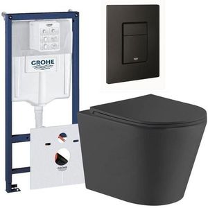 QeramiQ Dely Toiletset - Grohe inbouwreservoir - mat zwarte bedieningsplaat - rechthoek toilet - zitting - mat zwart 0729205/sw543433/sw656727/