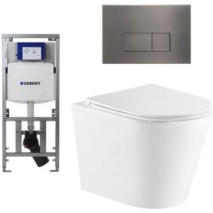 QeramiQ Dely Toiletset - 36.3x51.7cm - diepspoel - rimless - Geberit UP320 Burda inbouwreservoir - softclose toiletzitting - gunmetal bedieningsplaat - rechtehoekige knoppen - wit glans SW543431/0701131/SW706199