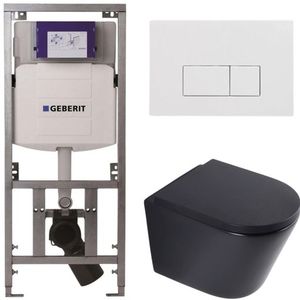 QeramiQ Dely Toiletset - 36.3x51.7cm - diepspoel - rimless - Geberit UP320 inbouwreservoir - softclose toilet zitting 35 mm - glans witte bedieningsplaat - rechthoekige knoppen - mat zwart SW1026253/SW1000769/0701131/SW706187