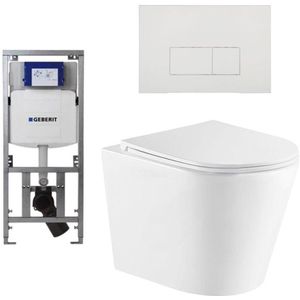 QeramiQ Dely Toiletset - 36.3x51.7cm - diepspoel - rimless - Geberit UP320 inbouwreservoir - softclose toiletzitting - glans witte bedieningsplaat - rechtehoekige knoppen - wit glans SW543431/0701131/SW706187