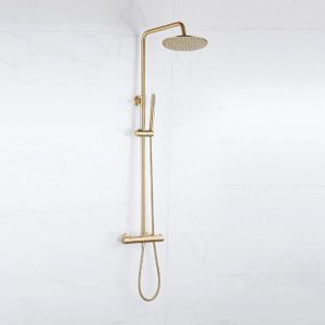Fortifura Calvi Regendoucheset - thermostatisch - 30cm hoofddouche - metalen slang - staaf handdouche - Geborsteld Messing PVD (Goud) SW1159501  SW1139122 SW728176