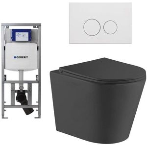 QeramiQ Dely Toiletset - 36.3x51.7cm - diepspoel - rimless - Geberit UP320 Burda inbouwreservoir - softclose toiletzitting - mat witte bedieningsplaat - ronde knoppen - mat zwart SW1026253/0701131/SW706190/SW1000769