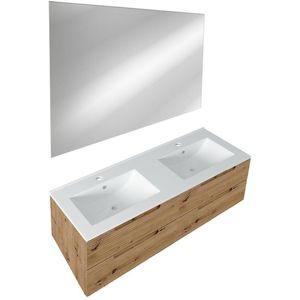 Adema Prime Balance Badkamermeubelset - 120x55x45cm - 2 rechthoekige keramische wasbakken wit - 2 kraangaten - 4 lades - rechthoekige spiegel - rustiek eiken SW724613/SW804533/Sw1027164 2x