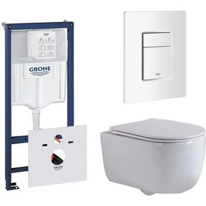 QeramiQ Dely Swirl Toiletset - 36.5x53cm - Grohe Rapid inbouwreservoir - slim zitting - witte bedieningsplaat - rechthoekige knoppen - wit mat 0720003/0729205/SW1000766/SW1026257