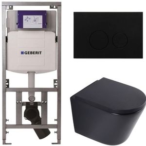 QeramiQ Dely Toiletset - 36.3x51.7cm - diepspoel - rimless - Geberit UP320 inbouwreservoir - softclose toilet zitting 35 mm - metaal mat zwarte bedieningsplaat - ronde knoppen - mat zwart SW1026253/SW1000769/0701131/SW706192