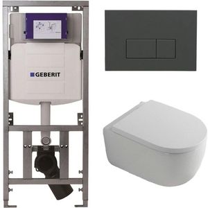 QeramiQ Dely Swirl Toiletset - 36.3x51.7cm - Geberit UP320 Burda inbouwreservoir - 35mm zitting - bedieningsplaat antraciet mat - rechthoekige knoppen - wit mat 0701131/SW1102377/SW1000767/SW1026257
