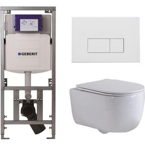 QeramiQ Dely Swirl Toiletset - 36.3x51.7cm - diepspoel - rimless - Geberit UP320 Burda inbouwreservoir - slim zitting - mat witte metalen bedieningsplaat - rechtehoekige knoppen - wit mat 0701131/SW706191/SW1000766/SW1026257