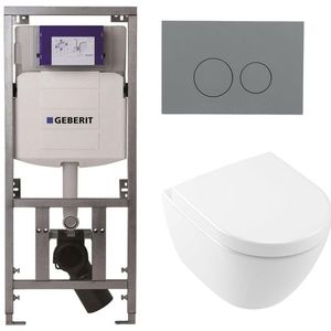 Villeroy & Boch Subway 2.0 Compact DirectFlush Toiletset - Geberit reservoir - softclose - quickrelease - bedieningsplaat licht grijs - ronde knoppen - wit 0701131/1024232/SW1102374/1025456/