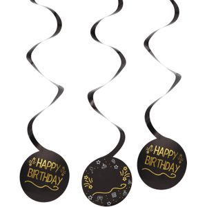 Happy Birthday Hangdecoratie Zwart Goud 3st