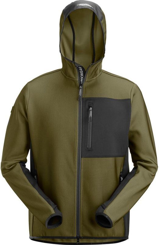 Snickers 8044 FlexiWork Tussenlaag Hoodie met Rits Khakigroen/Zwart maat 3XL