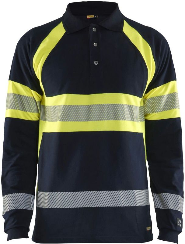 Blåkläder 3438-1741 Multinorm polo piqué lange mouw Marine/High Vis Geel maat 4XL