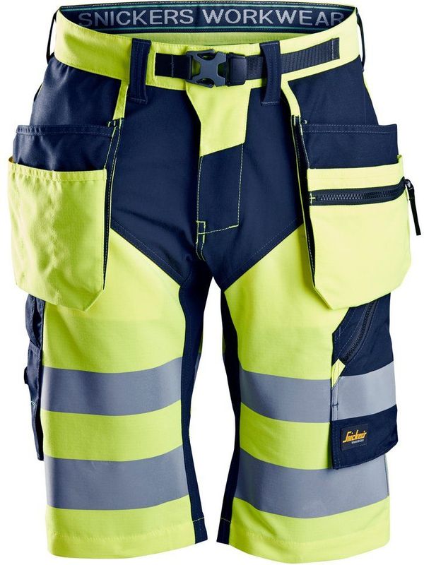 Snickers 6933 FlexiWork High-Vis Korte Broek+ - Geel/Marineblauw - Klasse 1