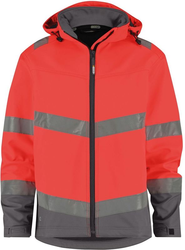 Dassy Malaga Hogezichtbaarheids softshelljas Fluorood/Cementgrijs maat XS