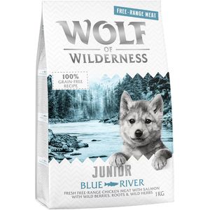 1kg Wolf of Wilderness Junior Blue River Scharrelkip & Zalm Hondenvoer droog